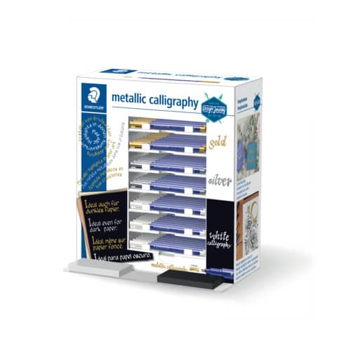 Espositore da banco Staedtler Metallic & White calligraphy - 70 pezzi - punta calligraphy oro, argento e bianco -