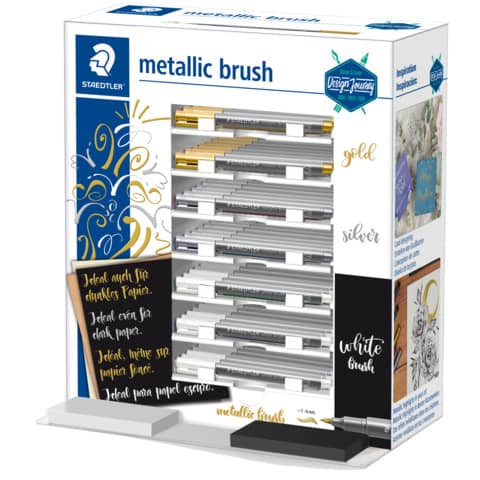 Espositore da banco Staedtler Metallic & White brush - 70 pezzi - punta brush oro, argento e bianco - 8321-SCA70