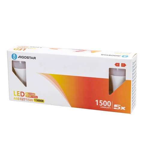 Lampadine LED Aigostar A60 E27 15W luce calda - conf. 5 pz - 3000K 331641